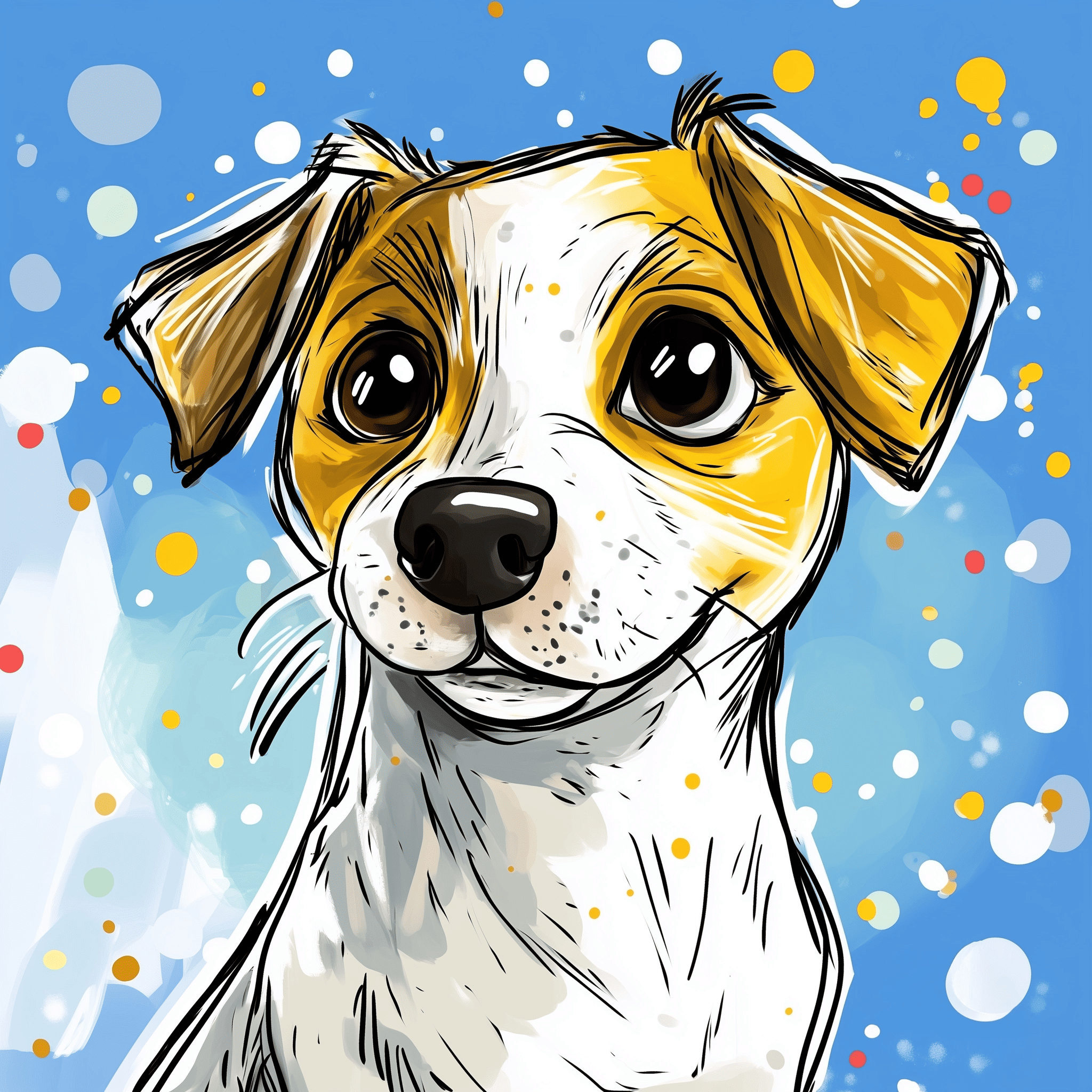 Ilustrovaný portrét roztomilého psa, pravděpodobně Jack Russell teriéra, s velkýma hnědýma očima a bílou srstí se žlutohnědými znaky. Pes má přátelský výraz a pozadí je modré s barevnými puntíky, což dodává obrázku hravý a živý vzhled.